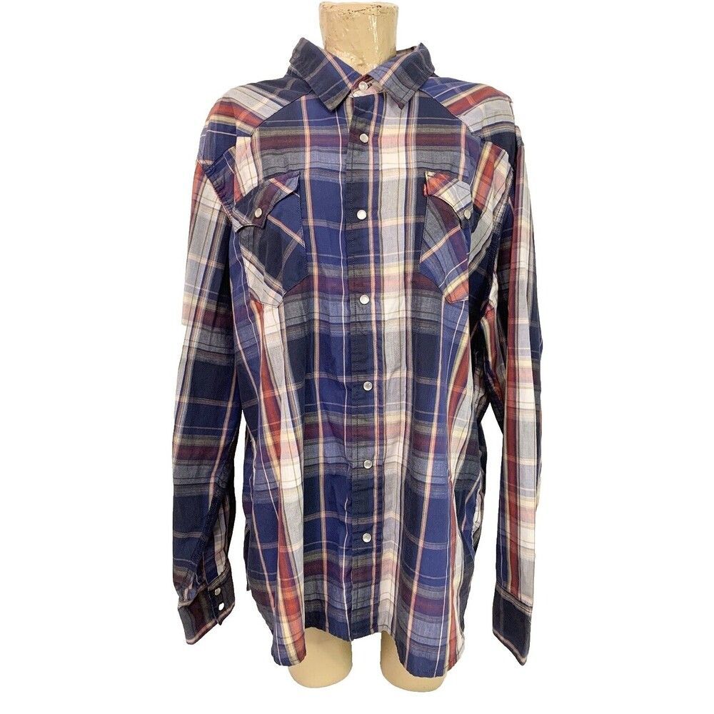 Men’s Levi’s Shirt XXL 2XL 54” Snap Button Down Red Blue White Plaid Casual Work